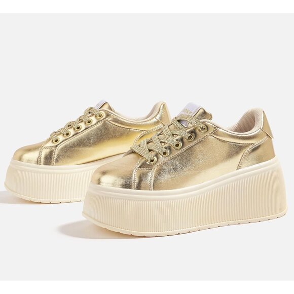 Lucky Step Women Gold Platform Low Top Classic Wedge Retro Canvas Sneakers - Picture 4 of 9